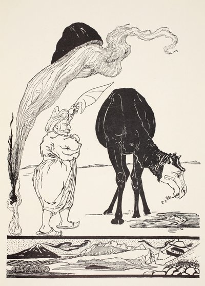 Der Dschinn, der für alle Wüsten verantwortlich ist, führt die Magie mit seinem magischen Fächer, Illustration aus 
